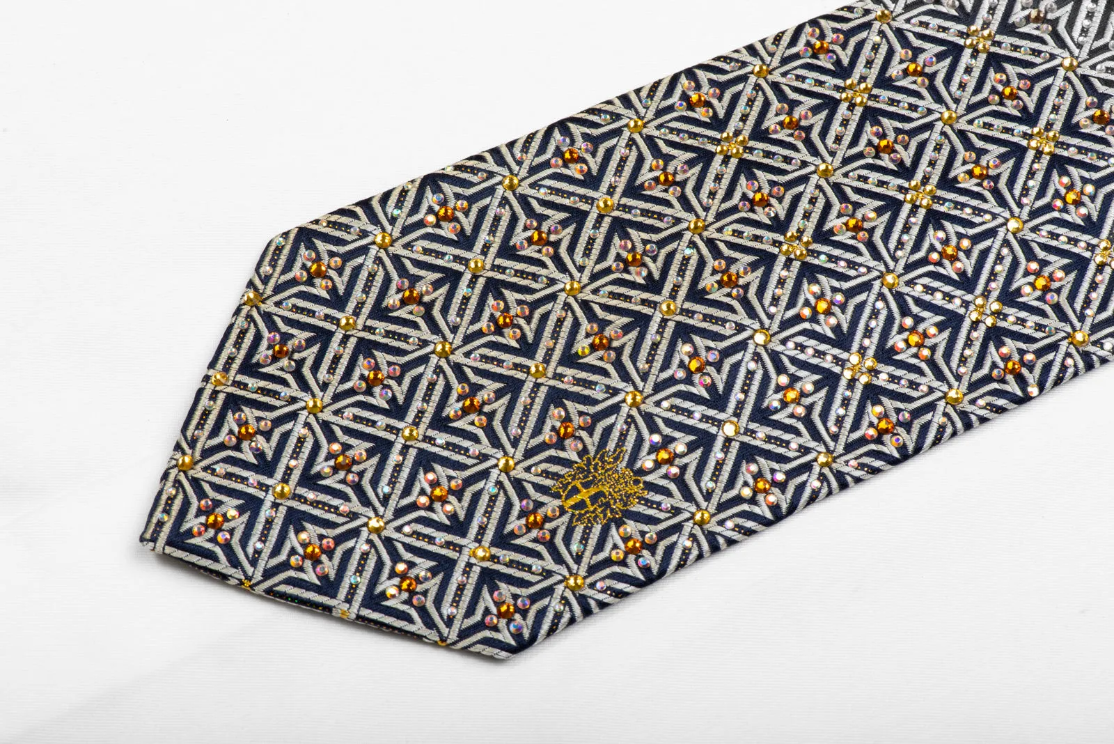 Daks rhinestone Silk Necktie Silver Trellis On Navy With Sparkles