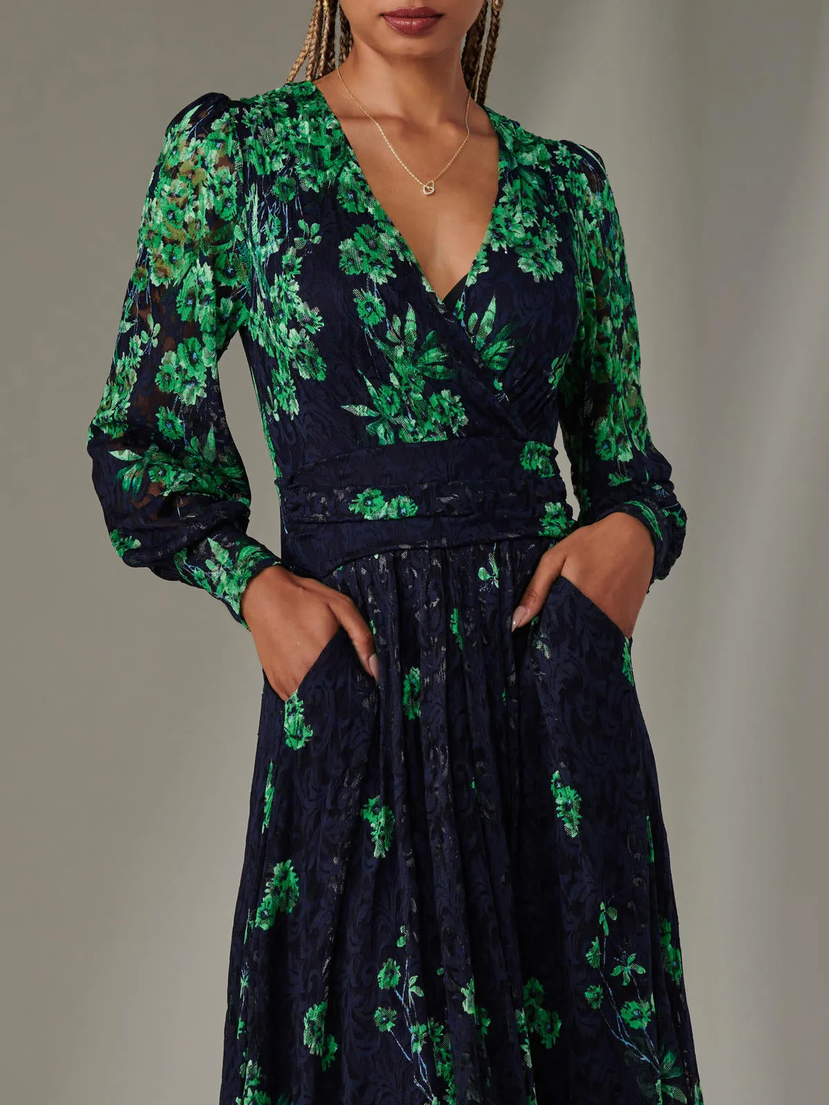 Dalia Symmetrical Print Lace Maxi Dress, Green Floral