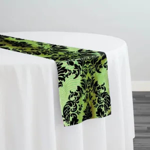 Damask Flocking Taffeta Table Runner in Black on Olive