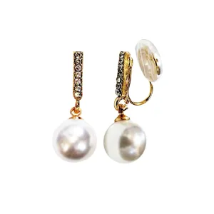 Dangle Crystal Rhinestone Bar and White Pearl Spiral Clip On Earrings