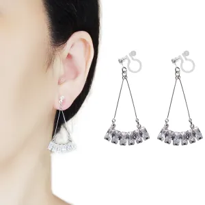 Dangle Silver Fringe Rihnestone Crystal Invisible Clip On Earrings