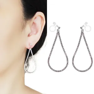 Dangle Silver Teardrop Rihnestone Crystal Invisible Clip On Earrings