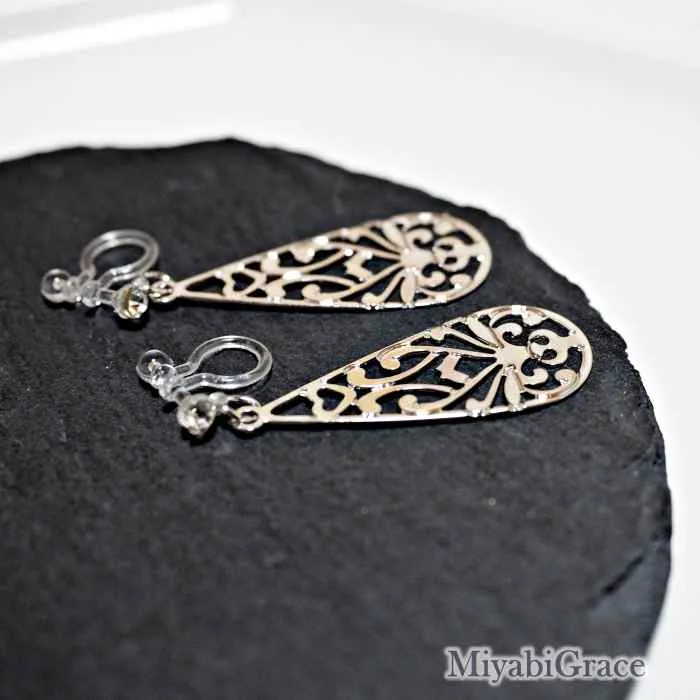 Dangle  Teardrop Filigree Invisible Clip On Earrings