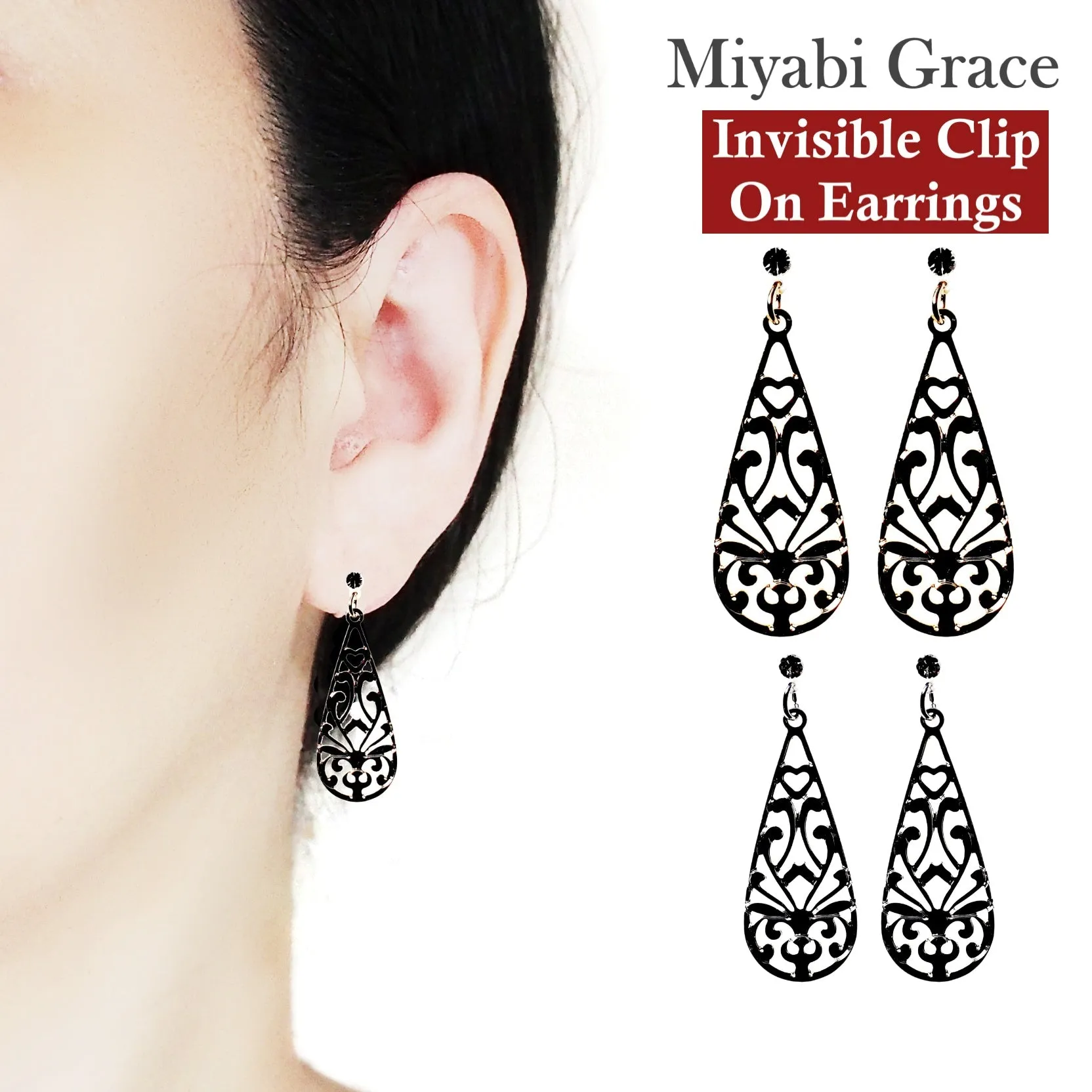 Dangle  Teardrop Filigree Invisible Clip On Earrings