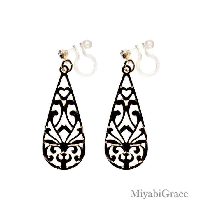 Dangle  Teardrop Filigree Invisible Clip On Earrings