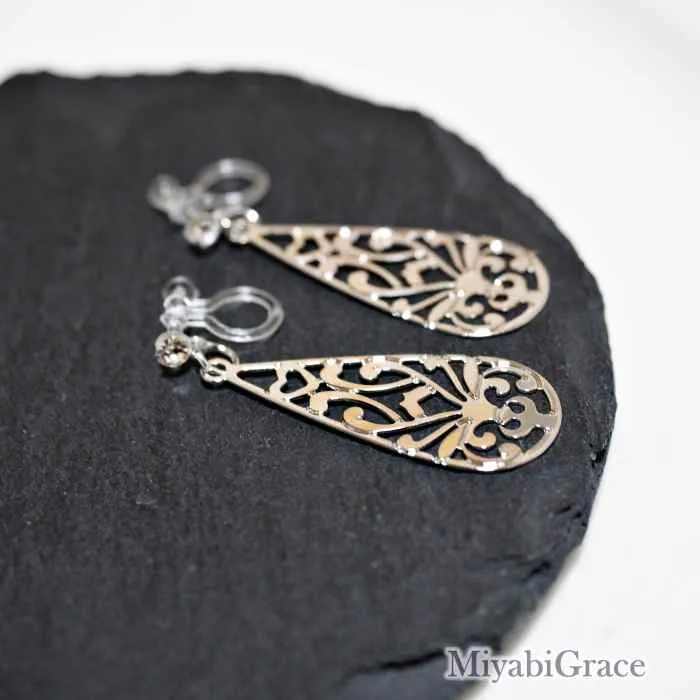 Dangle  Teardrop Filigree Invisible Clip On Earrings