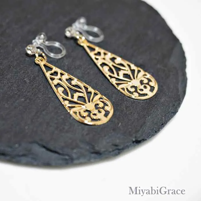 Dangle  Teardrop Filigree Invisible Clip On Earrings