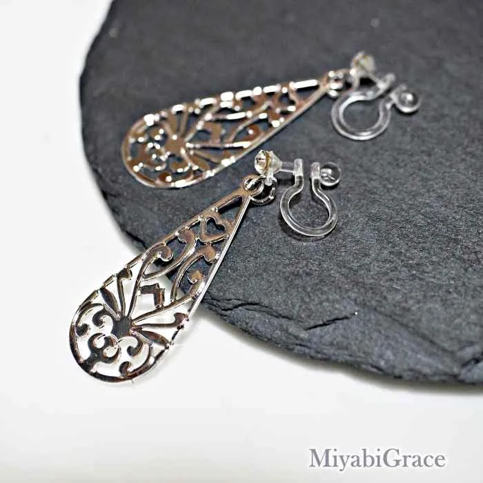 Dangle  Teardrop Filigree Invisible Clip On Earrings