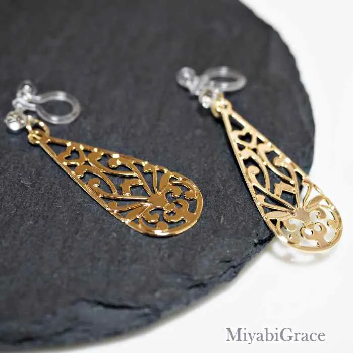 Dangle  Teardrop Filigree Invisible Clip On Earrings