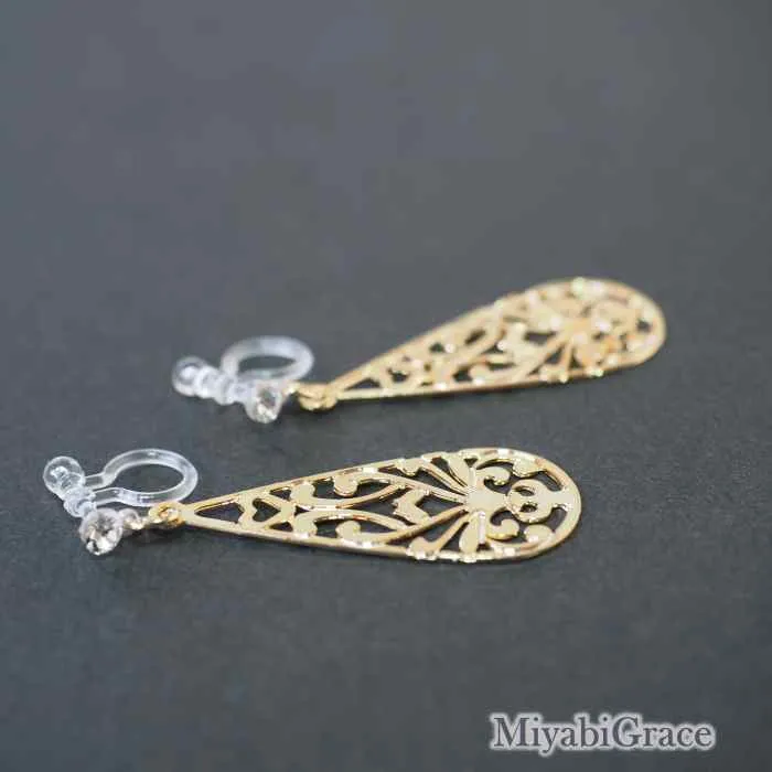 Dangle  Teardrop Filigree Invisible Clip On Earrings