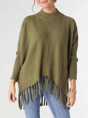 Danica Luxe Flowy Mock Neck Fringe Sweater - Army Green