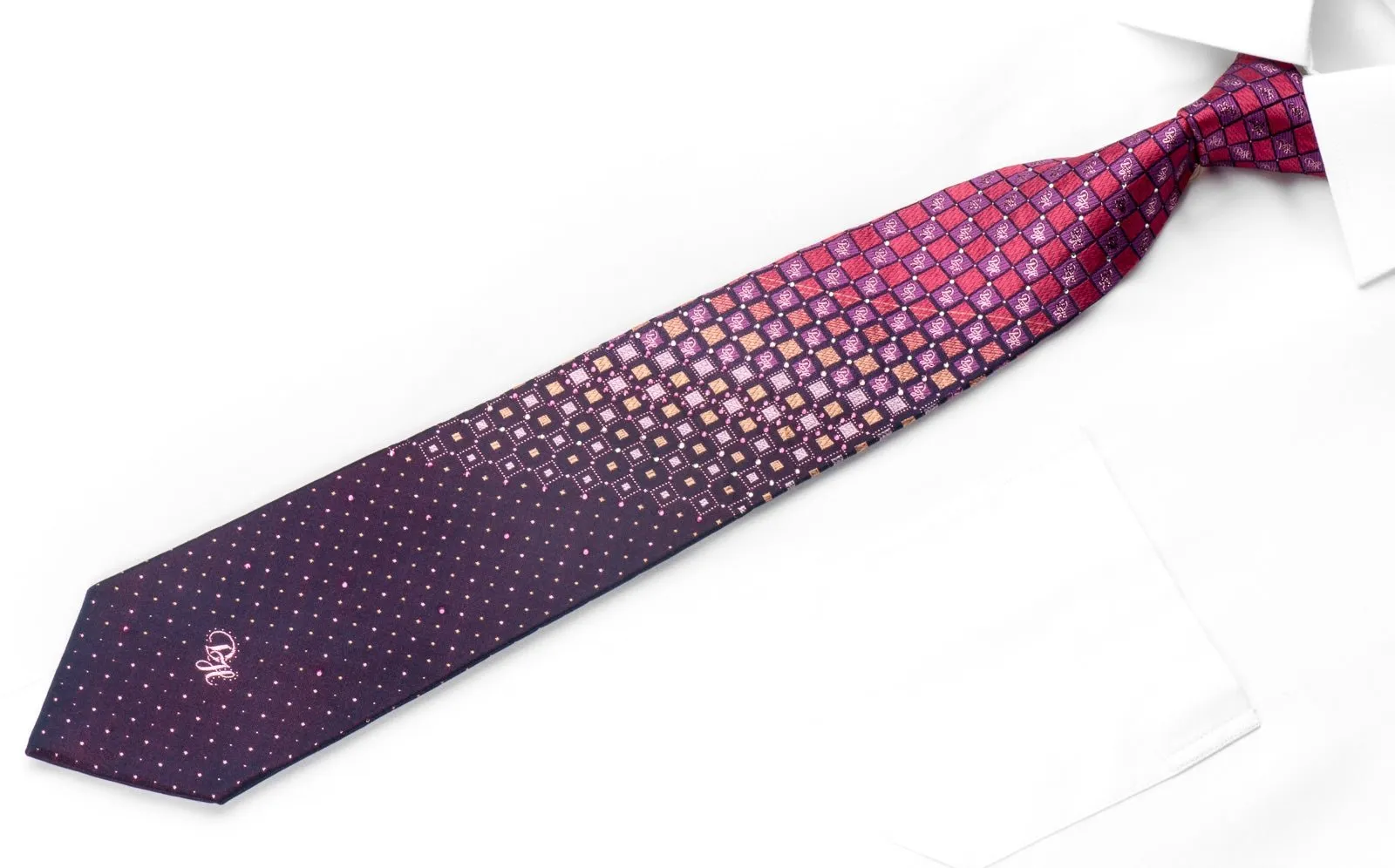 Daniel Hechter Men's Crystal Rhinestone Necktie Purple Pink Checkered With Sparkles