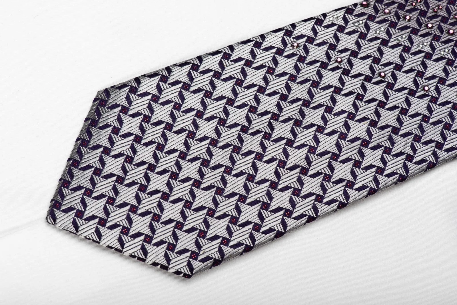 Daniel Hechter Men's Crystal Silk Necktie Silver Geometric On Blue With Red Sparkles