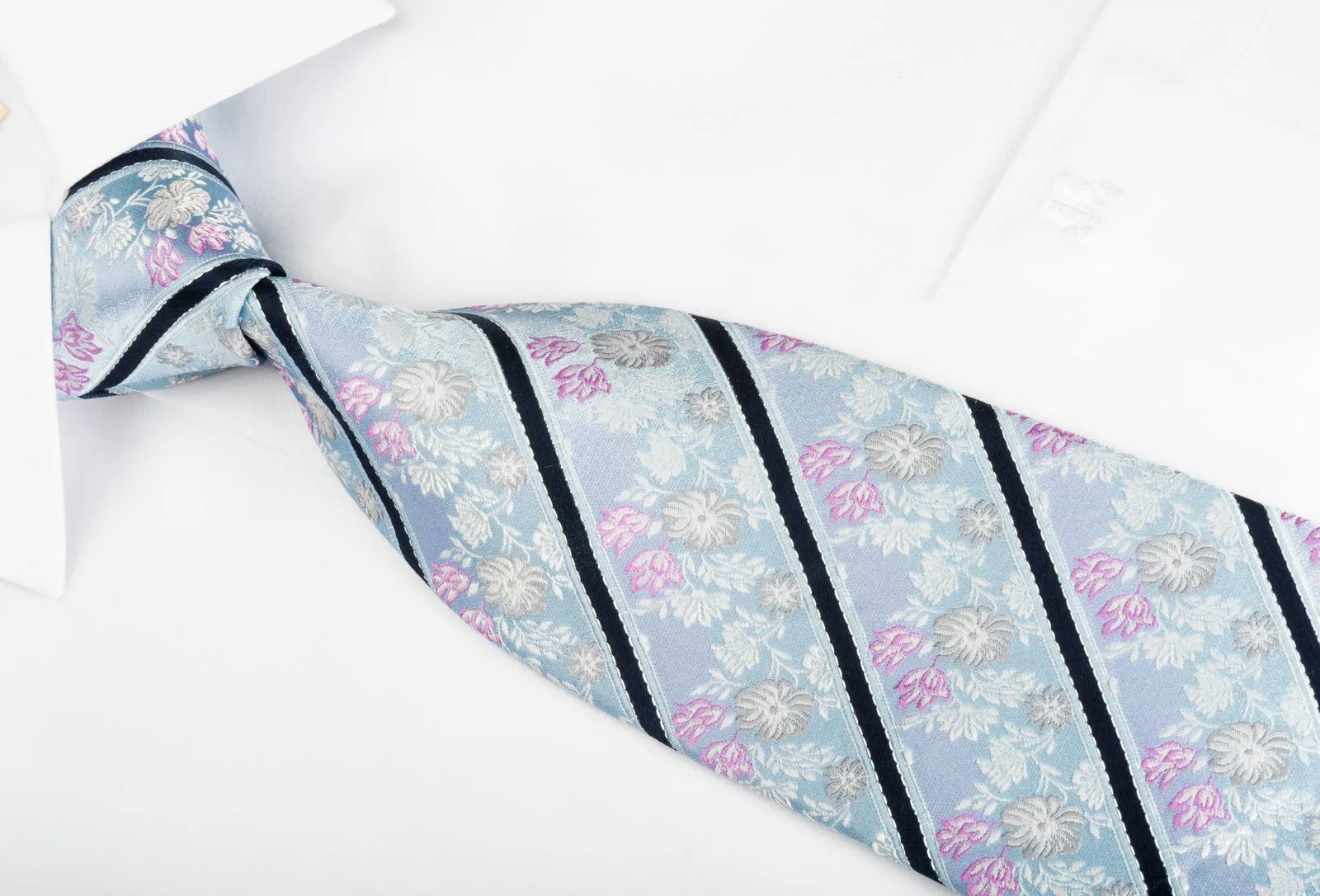 Daniel Hechter Men's Woven Silk Necktie Stripes & Floral On Sky Blue With Silver Sparkles