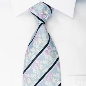 Daniel Hechter Men's Woven Silk Necktie Stripes & Floral On Sky Blue With Silver Sparkles