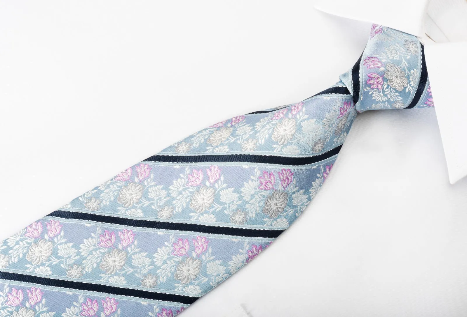 Daniel Hechter Men's Woven Silk Necktie Stripes & Floral On Sky Blue With Silver Sparkles