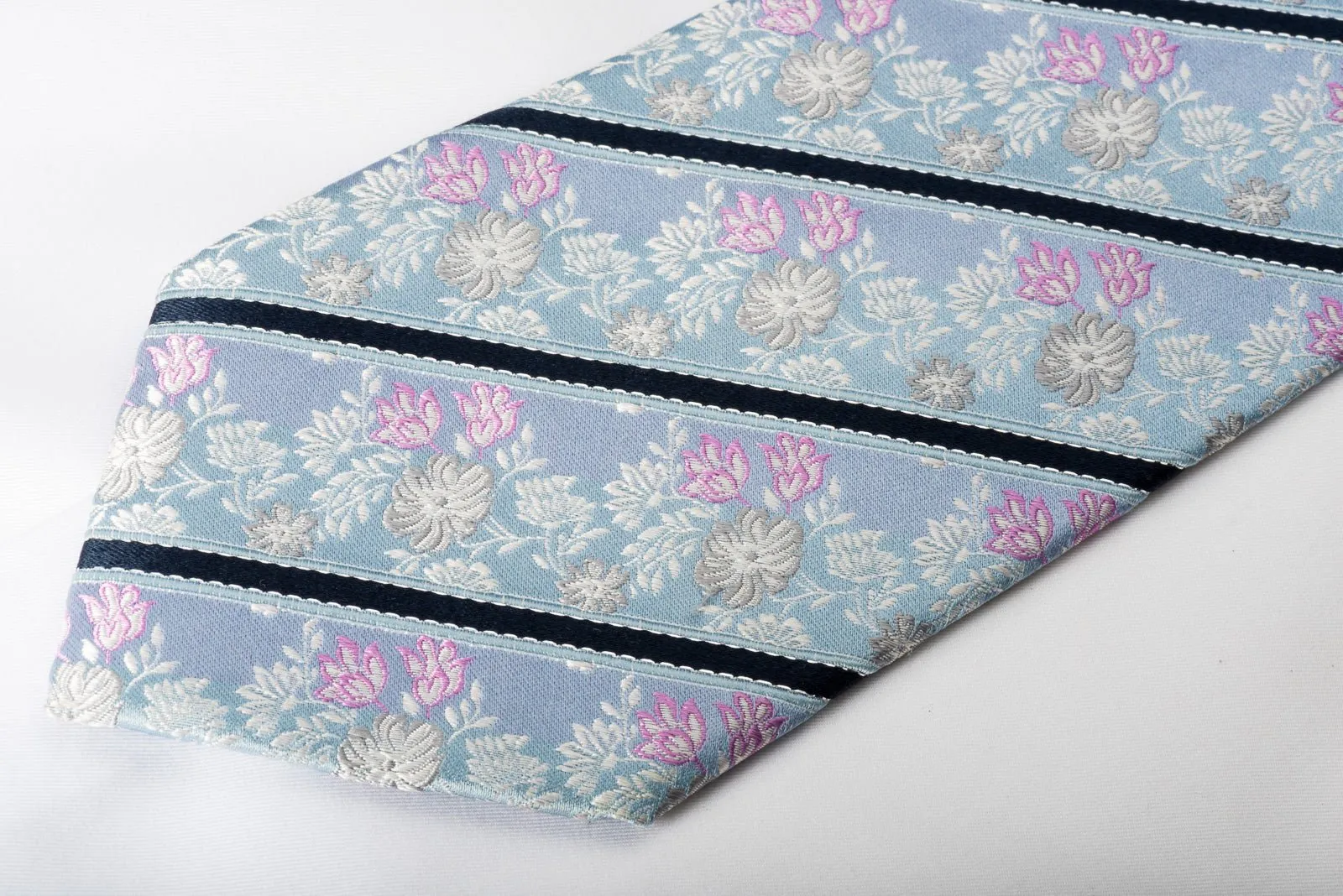 Daniel Hechter Men's Woven Silk Necktie Stripes & Floral On Sky Blue With Silver Sparkles