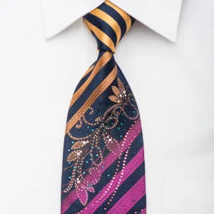 Daniel Hechter Rhinestone Tie Floral Scrolls On Orange Purple Striped With Sparkles