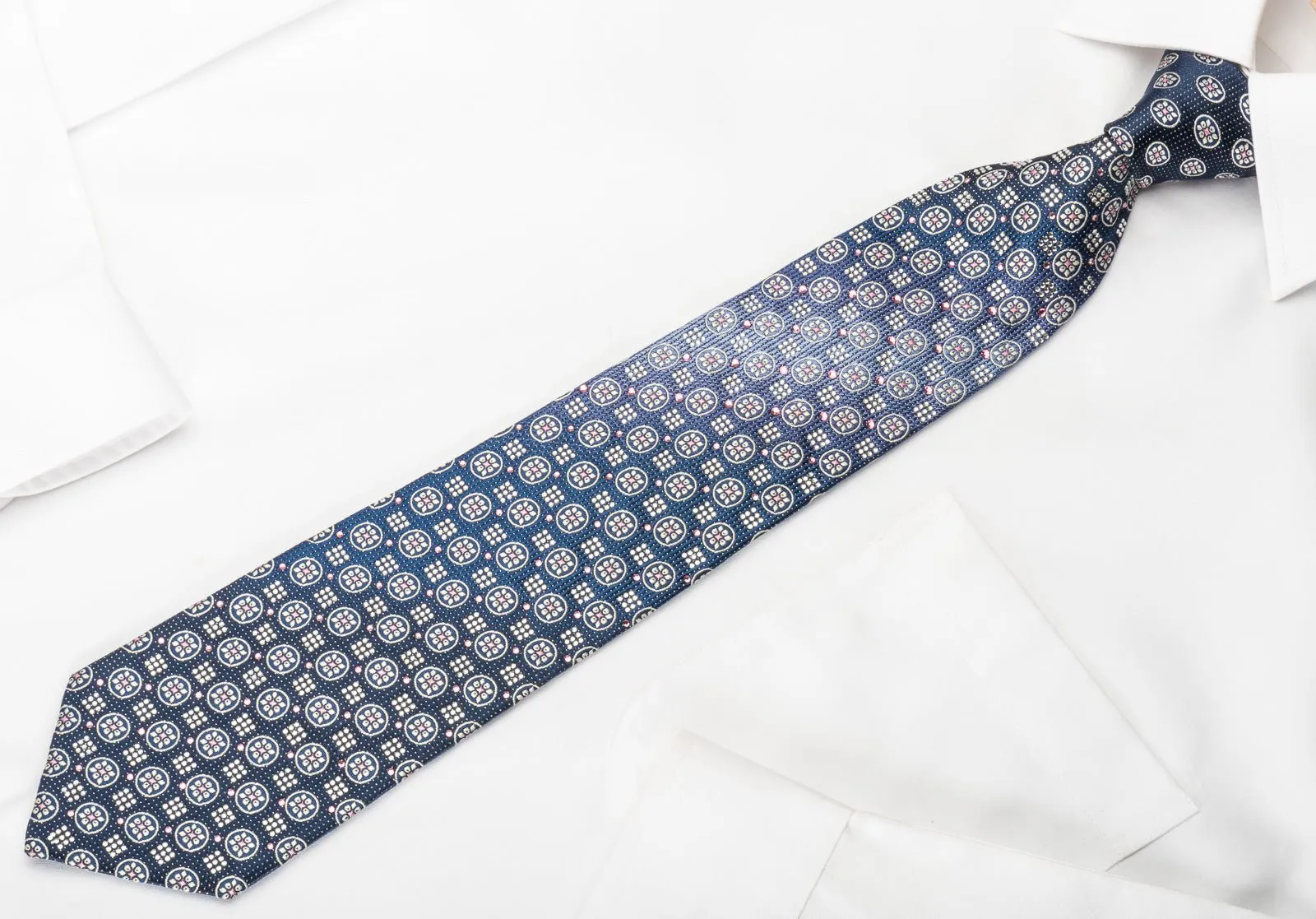 Daniel Hechter Silk Rhinestone Necktie Floral On Navy Blue With Silver Sparkles