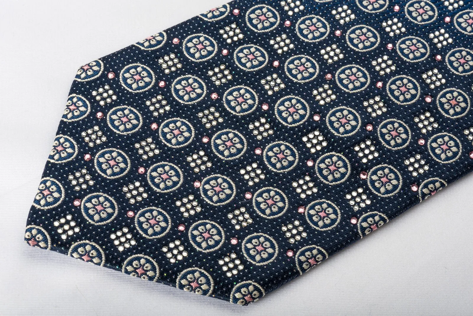 Daniel Hechter Silk Rhinestone Necktie Floral On Navy Blue With Silver Sparkles