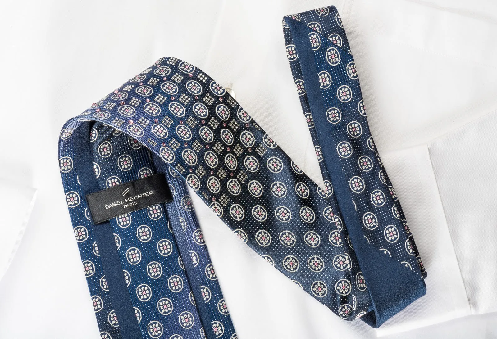 Daniel Hechter Silk Rhinestone Necktie Floral On Navy Blue With Silver Sparkles