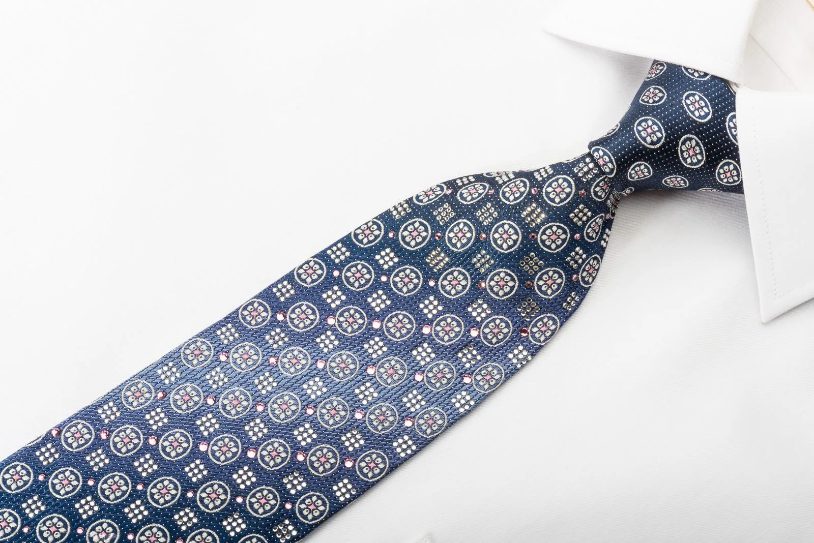 Daniel Hechter Silk Rhinestone Necktie Floral On Navy Blue With Silver Sparkles