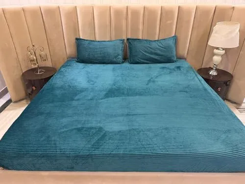 Danvira Premium Range Warm Bedsheets Pencil Fleno Double Bed Elastic Fitted Bedsheet. King Size 72x78x10 Inches with 2 Pillow Covers | Double Bed Warm Bedsheet with Elastic - Fitted (Teal Blue)