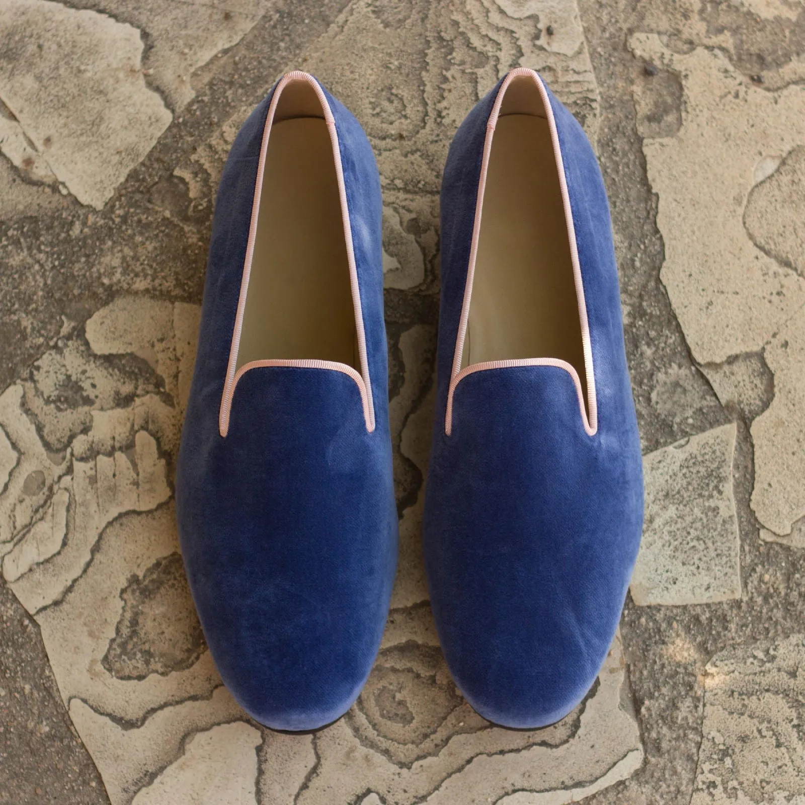 DapperFam Enzo in Royal Blue / Pale Pink Men's Velvet & Grossgrain Slipper