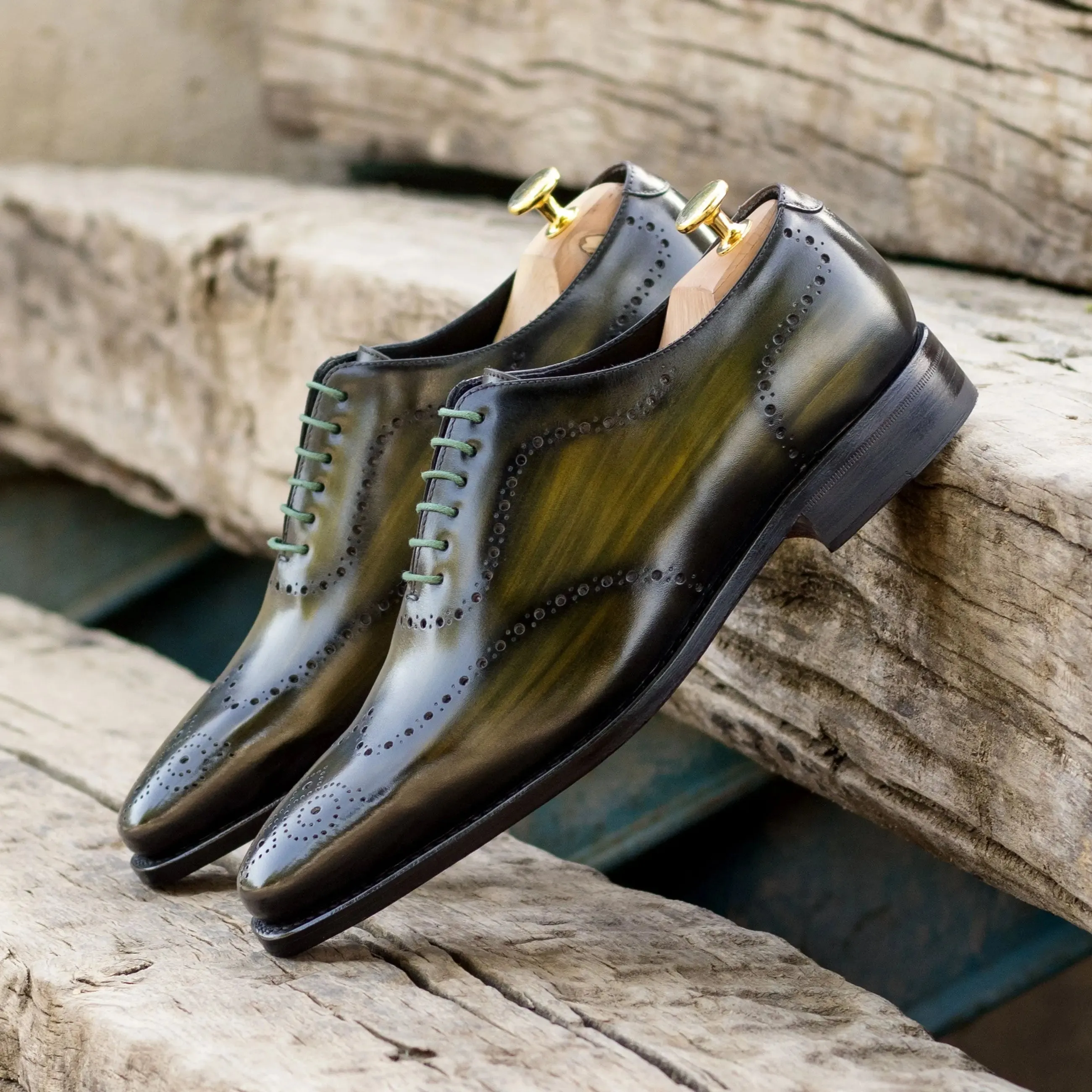 DapperFam Giuliano in Khaki / Cognac Men's Hand-Painted Patina Whole Cut