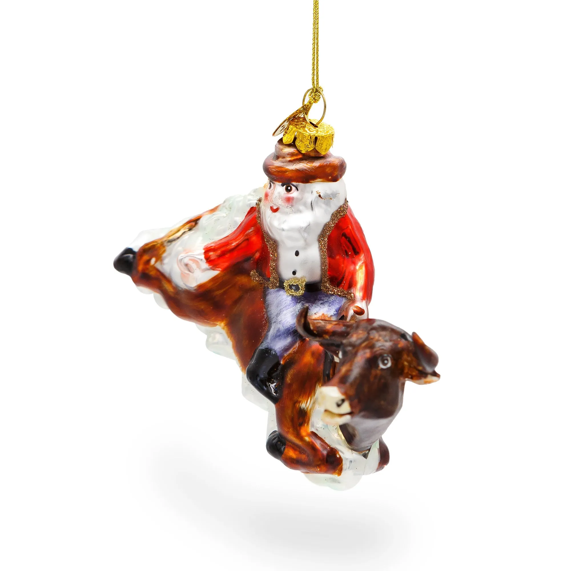 Daring Santa Riding A Bull On The Rodeo - Blown Glass Christmas Ornament