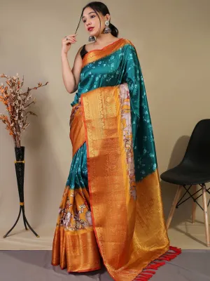 Dark Aqua Saree in Floral Kalamkari Print