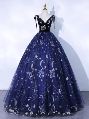 Dark Blue A-Line Tulle Lace Long Prom Dress, Dark Blue Long Formal Dress