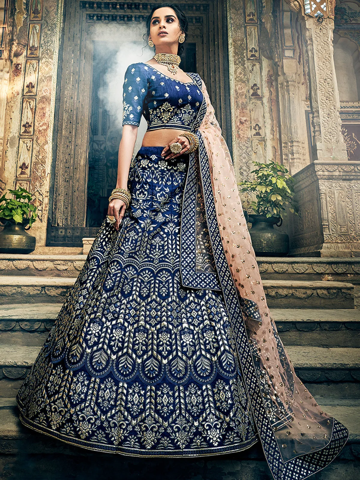 Dark Blue Art Silk Semi Stitched Lehenga With Unstitched Blouse