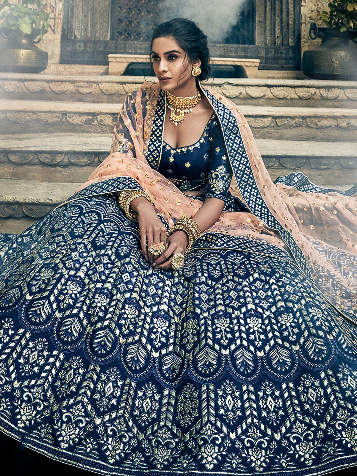 Dark Blue Art Silk Semi Stitched Lehenga With Unstitched Blouse