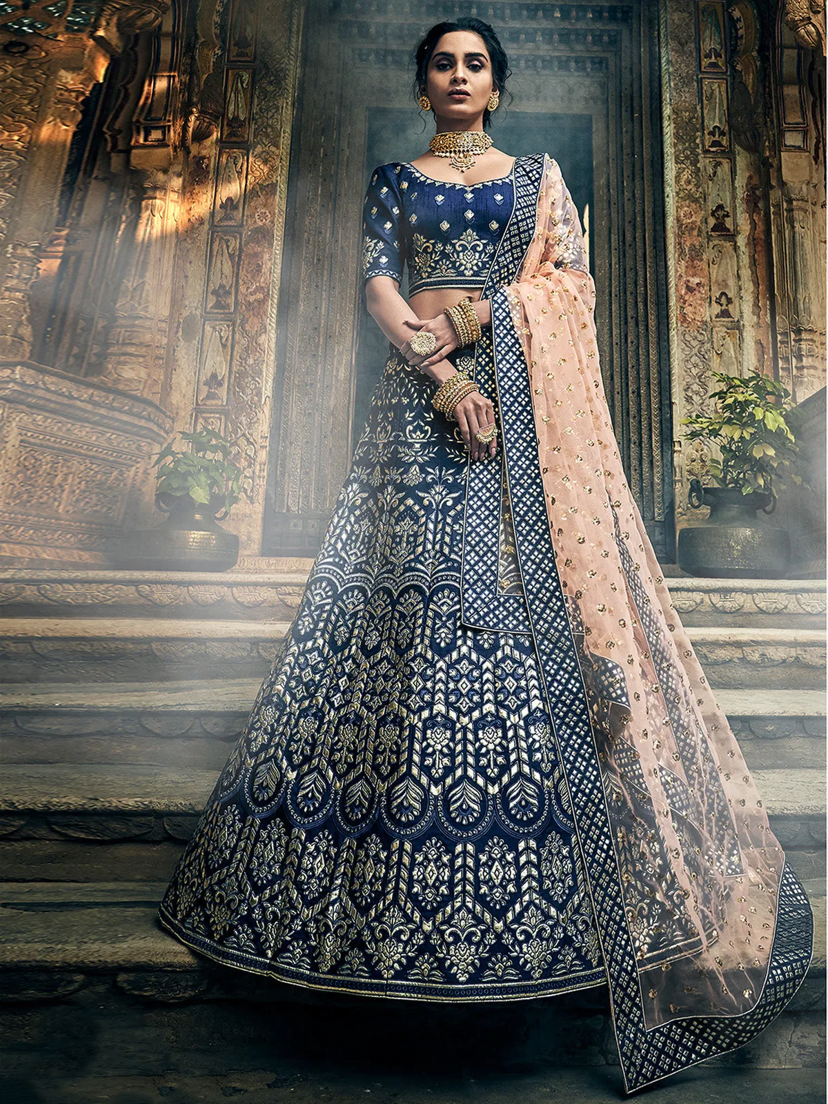 Dark Blue Art Silk Semi Stitched Lehenga With Unstitched Blouse