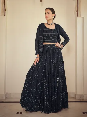 Dark Blue Embroidered Georgette Semi Stitched Lehenga With Unstitched Blouse