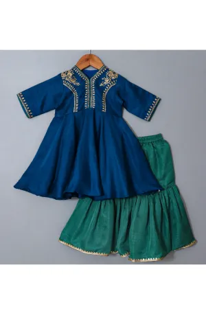 Dark Blue Embroidered Silk Peplum Style Kurta With Sharara Set