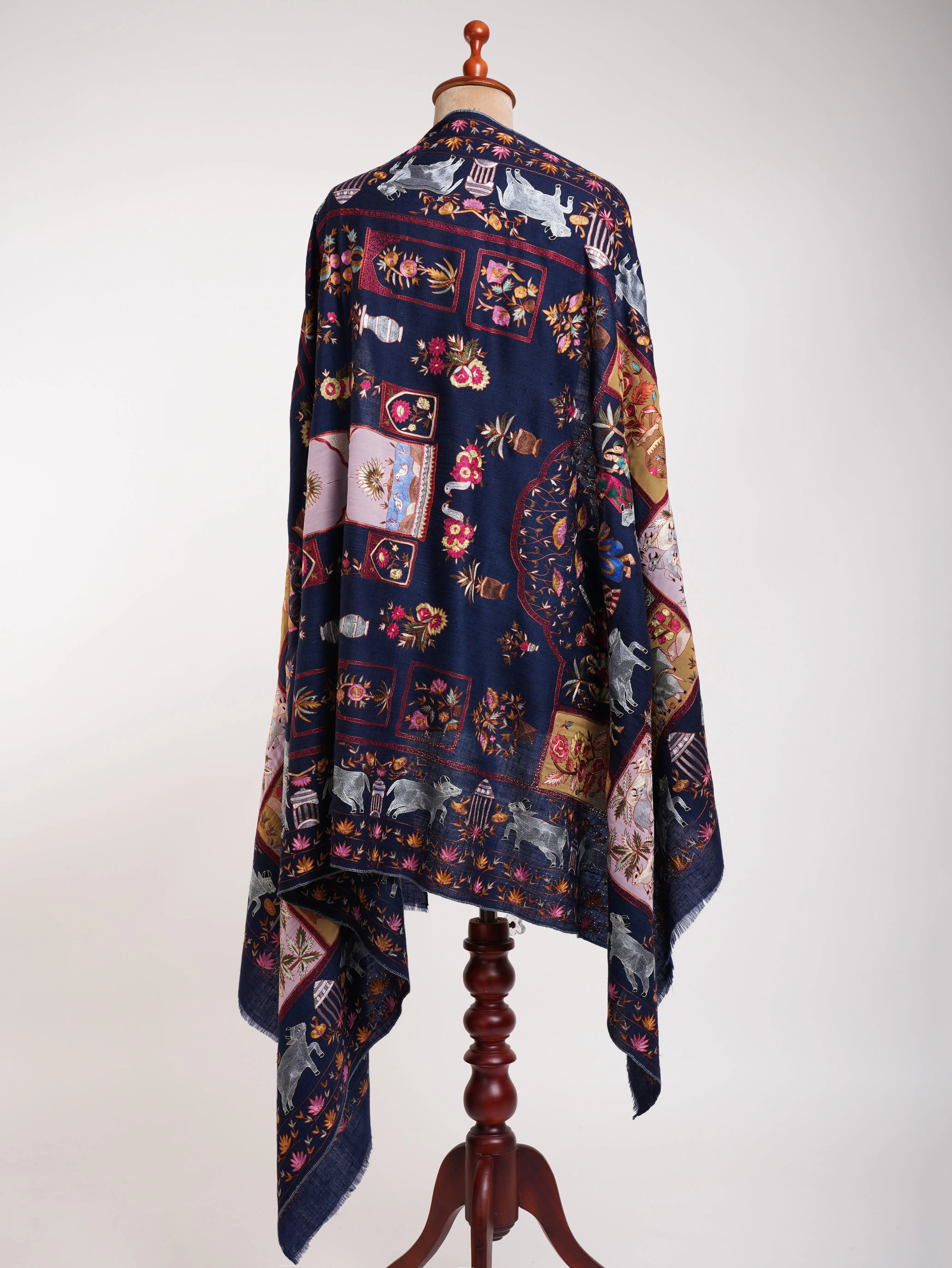 Dark Blue Hand Arty Silk Embroidered Indian Pashmina Shawl