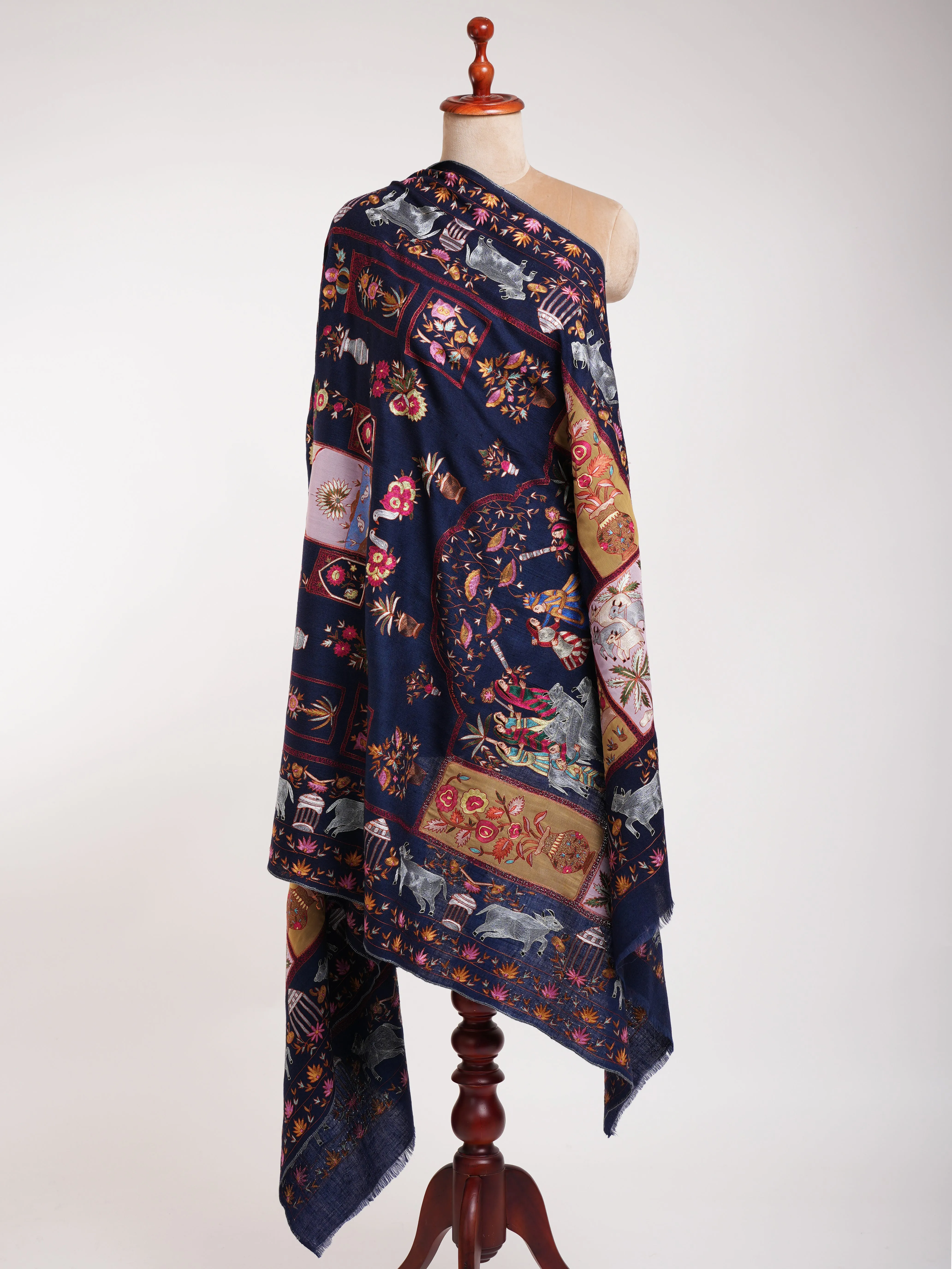 Dark Blue Hand Arty Silk Embroidered Indian Pashmina Shawl