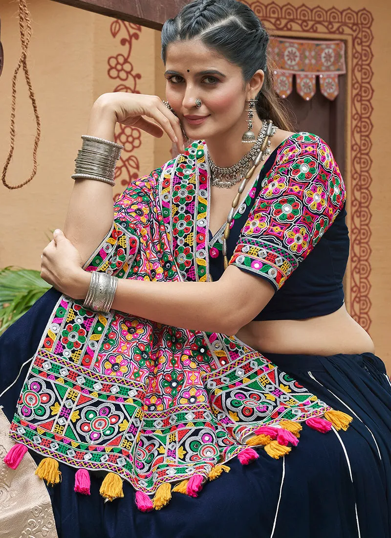 Dark Blue Multicoloured Kutchi Embroidered Chaniya Choli For Navratri