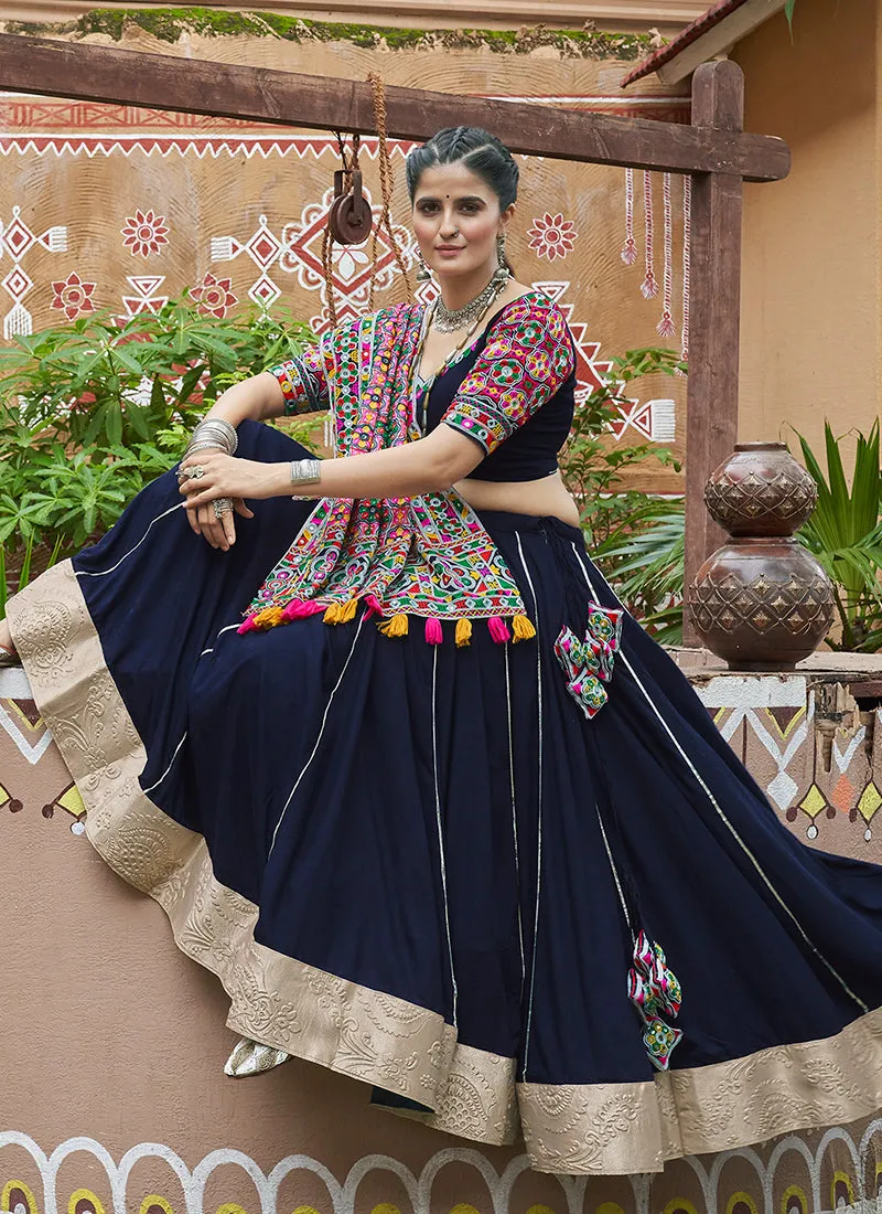 Dark Blue Multicoloured Kutchi Embroidered Chaniya Choli For Navratri