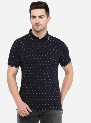 Dark Blue Printed Slim Fit Polo T-Shirt | JadeBlue