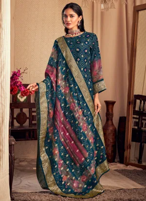 Dark Blue Printed Viscose Jacquard Salwar Kameez