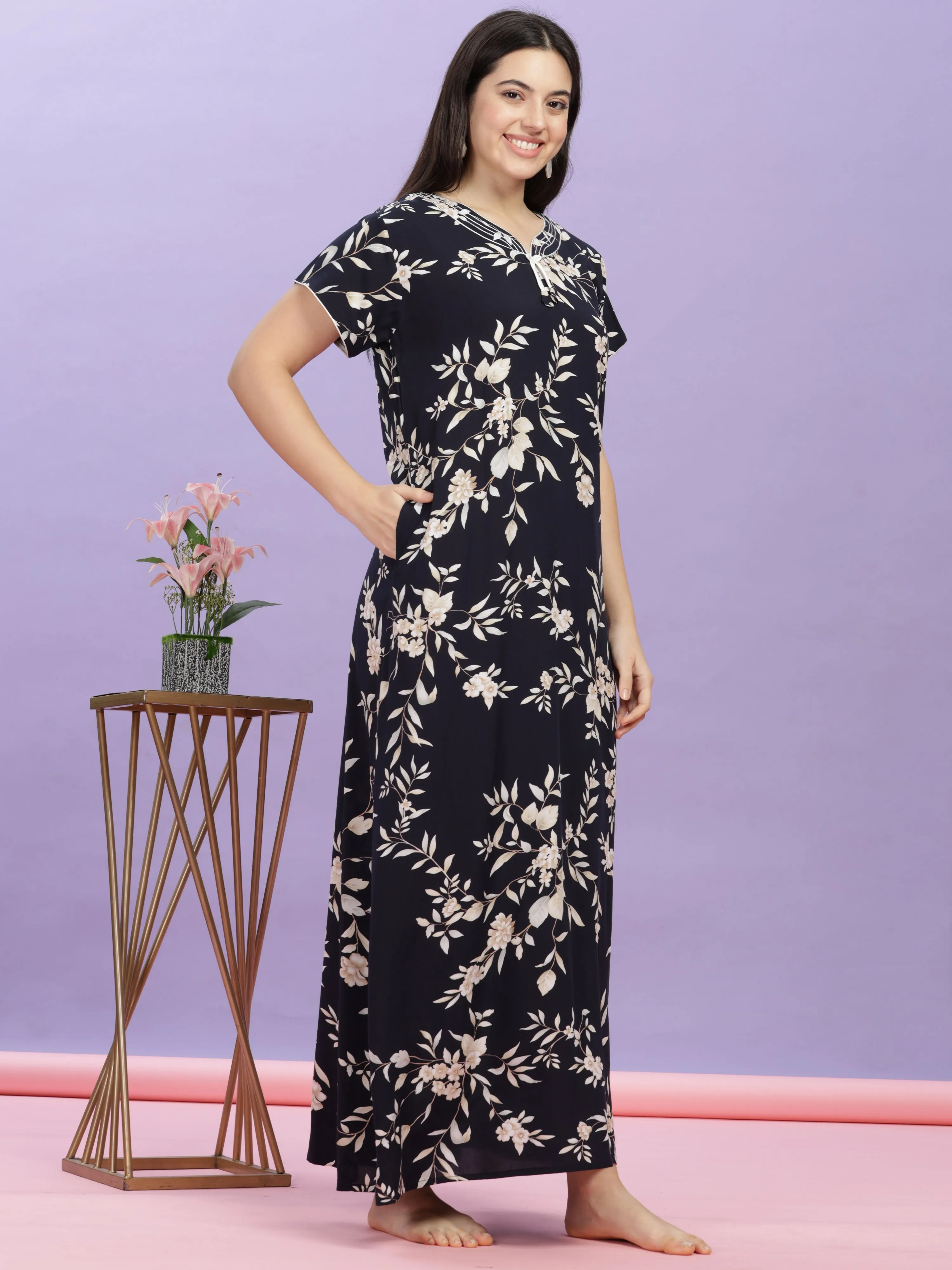 Dark Blue Rayon Floral Print Maxi Nightdress