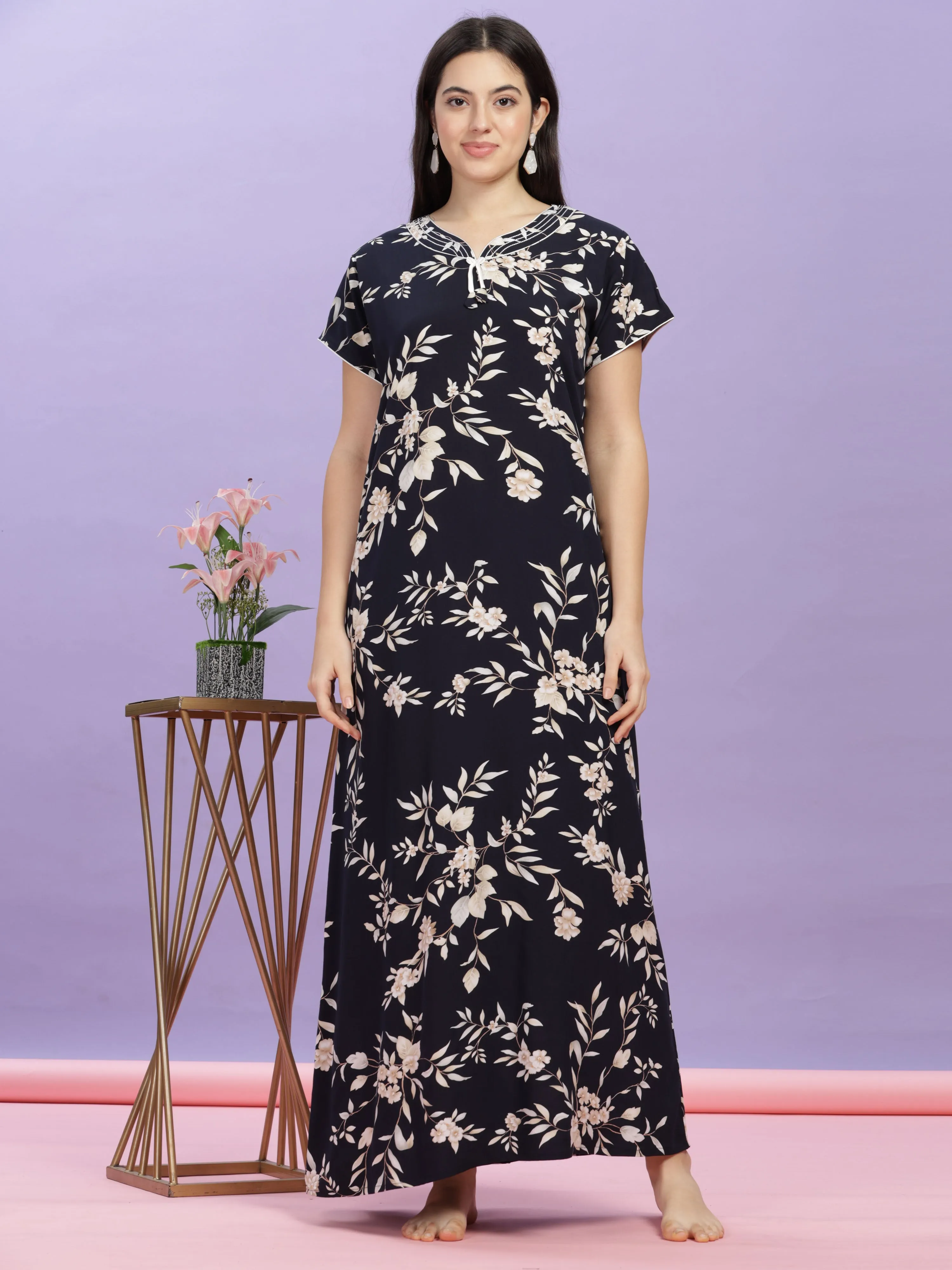 Dark Blue Rayon Floral Print Maxi Nightdress