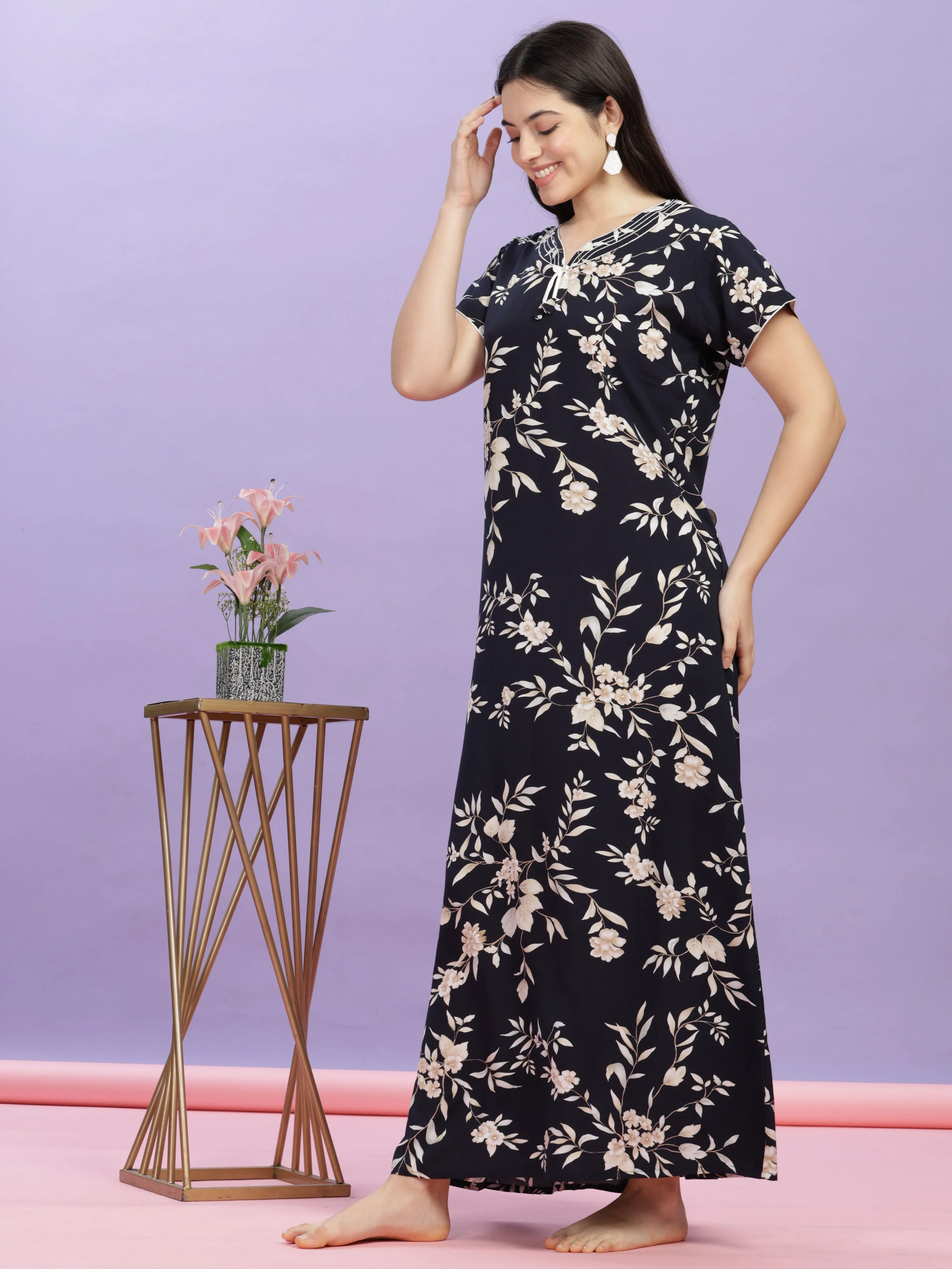 Dark Blue Rayon Floral Print Maxi Nightdress