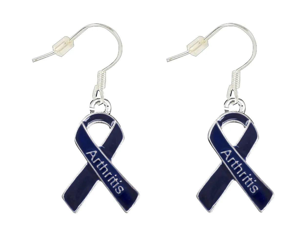 Dark Blue Ribbon Arthritis Awareness Hanging Earrings