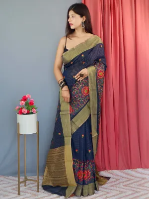 Dark Blue Saree in Cotton Linen Multicolor Threadwork Embroidered