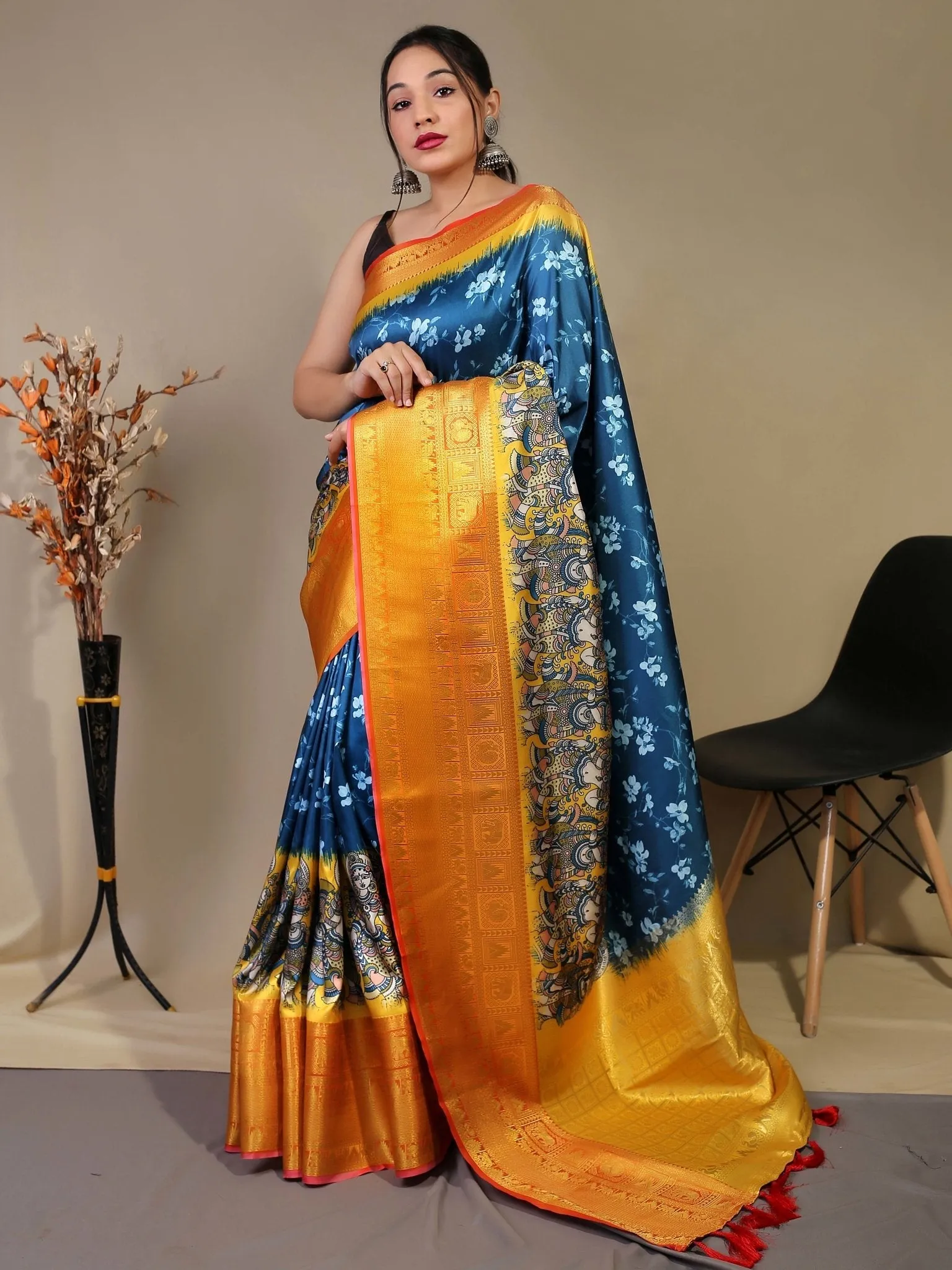 Dark Blue Saree in Floral Kalamkari Print