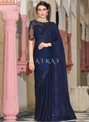 Dark Blue Sequence Embroidery Designer Silk Saree